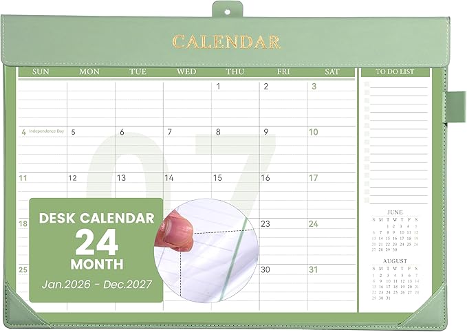 Yoment Desk Calendar 2026-2027, Jan 2026-Dec 2027, Large Desk Calendar with To-Do Lists, 24 Months Leather Desk Pad Wall Calendar with PVC Cover for Work Office School Home Women Men, 17 x 12, Green
