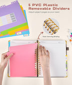 Hardcover Spiral Notebook 8.5"x11" Journal with Removable Dividers Tabs, 300 Pages Leather 5 Subject Notebook College Ruled, Large A4 Notebooks for Work School, Lined Journal for Women, A4 Brown