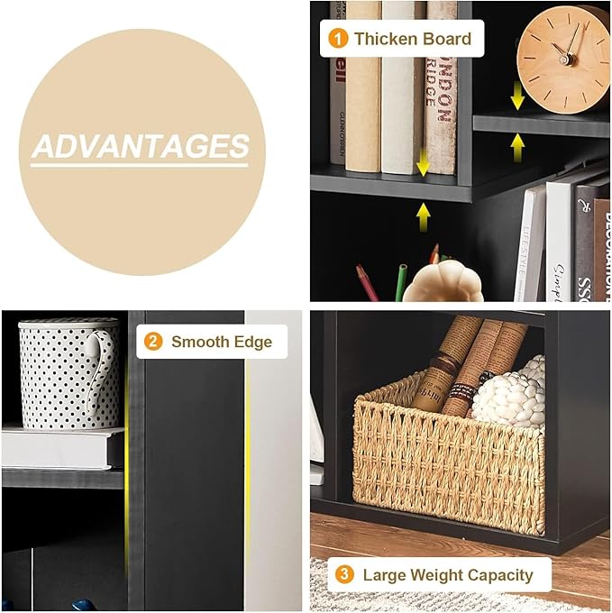 VECELO Narrow Bookshelf Set, Fits 9.3" × 10-12.8" Hardcovers, Cube Storage Bookcases, Free-Standing for Living Room, Bedroom, Home Office, 2/3-Tier, 2-Pack, Black