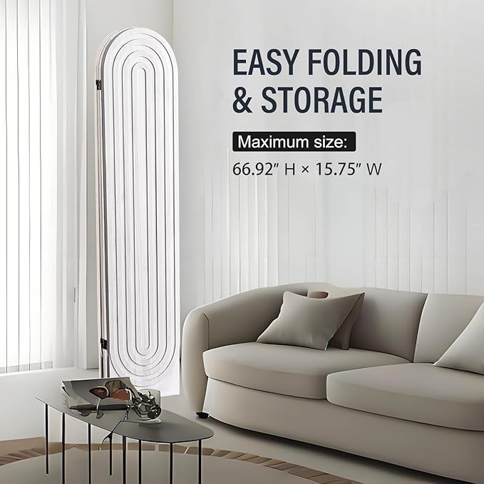 Asnefeli 4 Panel Room Divider and Folding Privacy Screen, Foldable Wood Arched Room Divider Wall, Portable Partition Screen, Room Partition Divider for Room Separation for Home Office Bedroom, White