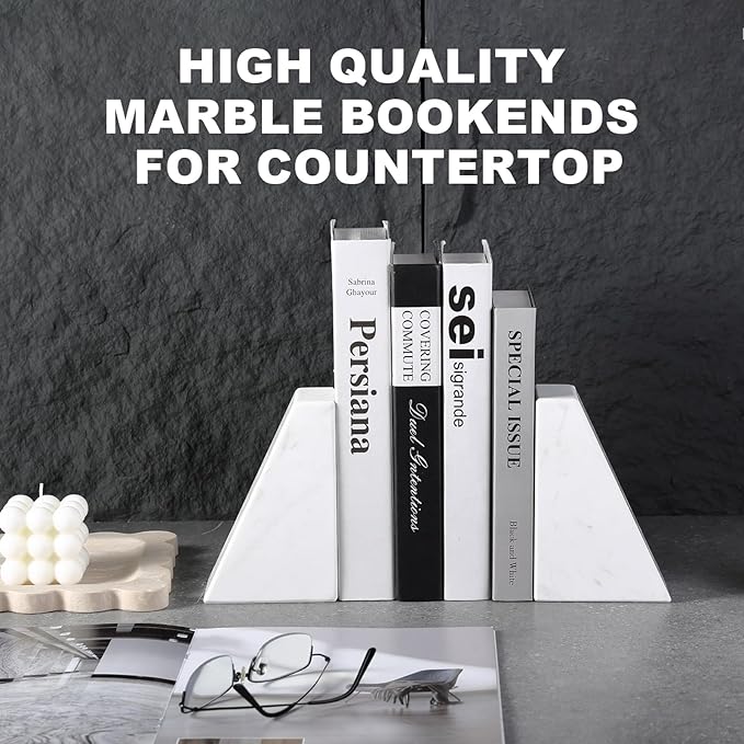 Karibiber Marble Bookends for Heavy Books, Decorative Book Ends for Shelves, White Stone Durable and Heavy-Duty Book Ends for Hardback Books & CDS, Unique Book Stopper & Holder, Set of 2
