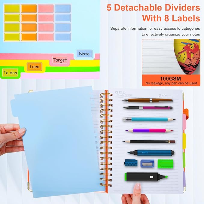 Hardcover Spiral Notebook 8"x10" Journal Notebook with Tabs and Removable Dividers 300 Pages 5 Subject Notebook College Ruled, Faux Leather Spiral Bound Notebook for Women School Work (Orange)