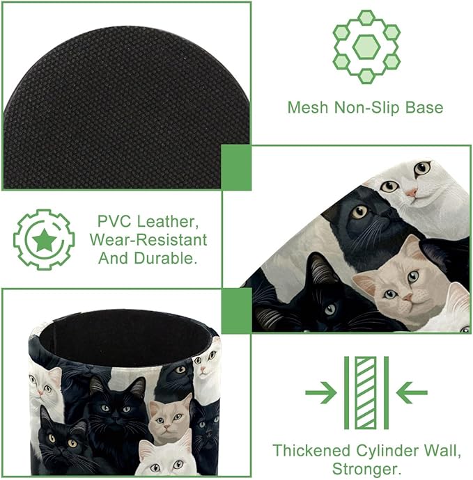 Leather Pen Holder for Desk, Black and White Cats Pencil Cup Desktop Organizer Makeup Brush Holders Office Supplies for Home, Kids & School