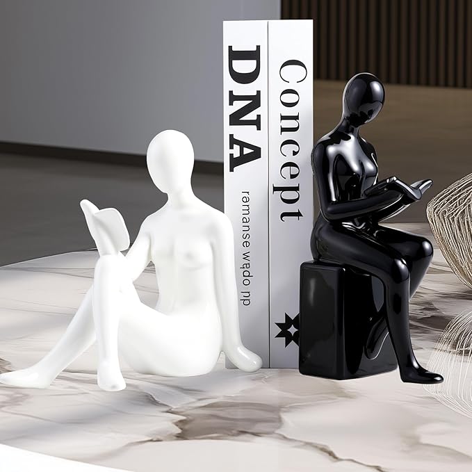 TYGKROF Decorative Bookends,Ceramic Statue Book Ends,Home Office Modern Bookends,Decor Aesthetic Reading Book Holders for Bookshelf,Bedroom Living Room Decoration Unique Bookends(Black and White)