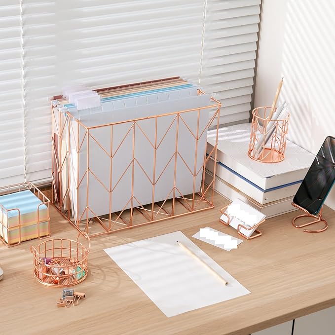 Fei Bi Hanging Rose Gold File Organizer, equipped with a 6-piece set of rose gold desktop accessories
