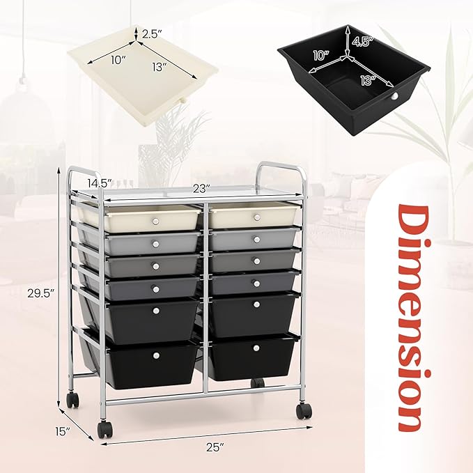 LDAILY 12 Drawer Rolling Storage Cart, Craft Cart Organizer on Wheels w/Metal Frame, Large Capacity & Smooth Drawer, Rolling Cart w/Drawers for Classroom, Office