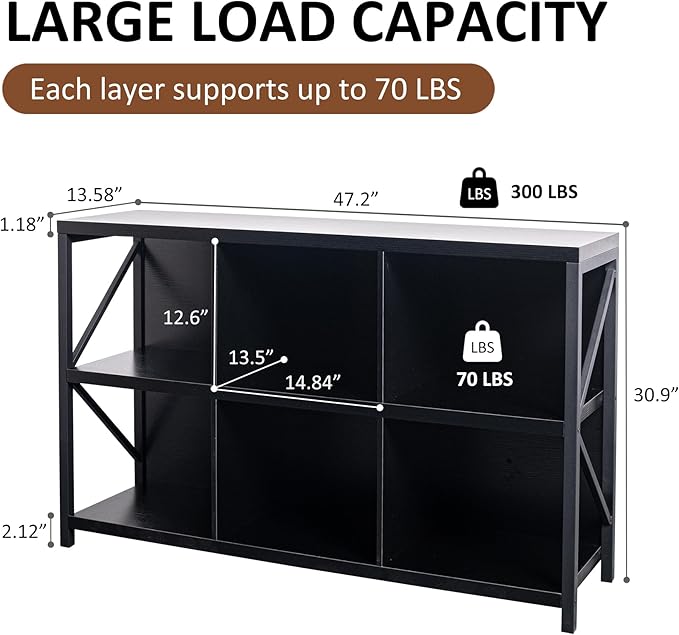 VAKATRELL 6 Cube Storage Organizer Bookshelf, Industrial Horizontal Bookcase, Accent Cubby Shelf, Media Console Table for Living Room, Home Office, 13.6" D x 47.2" W x 30.9" H, Black