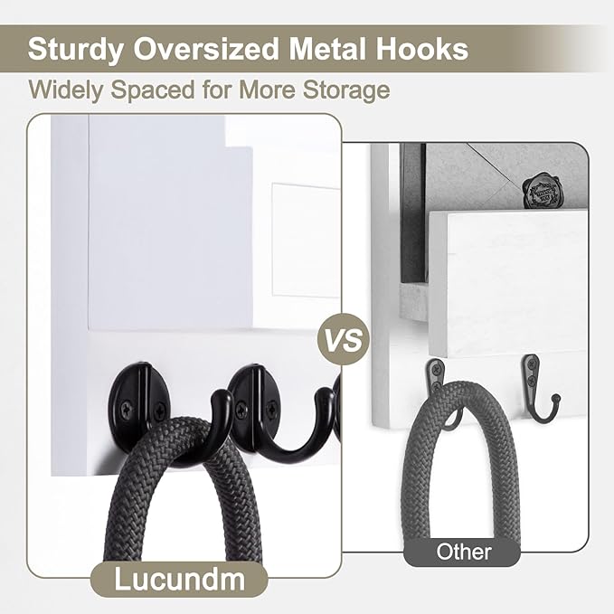 Lucundm Key Holder Wall Mount, Mail Holder with Storage Drawer and 5 Key Hooks for Coat, Dog Leash, Home Decor Rack, House Accessories, Entry Way Organizer
