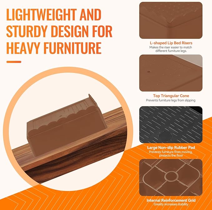 shouwuhho Furniture Risers, 4 Pack Bed Risers with Non-Slip Grip and Heavy Duty Support, 1 Inch 2 Inch 3 Inch 4 Inch Height Lift for Couch, Sofa, Table, Desk, Chair, Refrigerator - Brown, 1 Inch