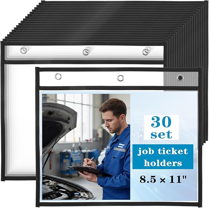 30 Pack Horizontal Job Ticket Holders 8.5"x11", Landscape Plastic Document Holder, Heavy Duty Clear Document Protector Sleeves for Shop, Office & Classroom Reusable Work Order Plastic Sleeves