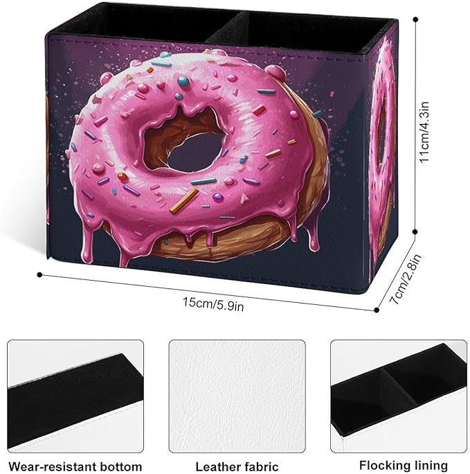 Famame Round Pink Dount Pencil Holder for Desk, Leather Desktop Container Pen Cup Storage Study Table Pen Organizer Makeup Brush Holder for Classroom Office Home