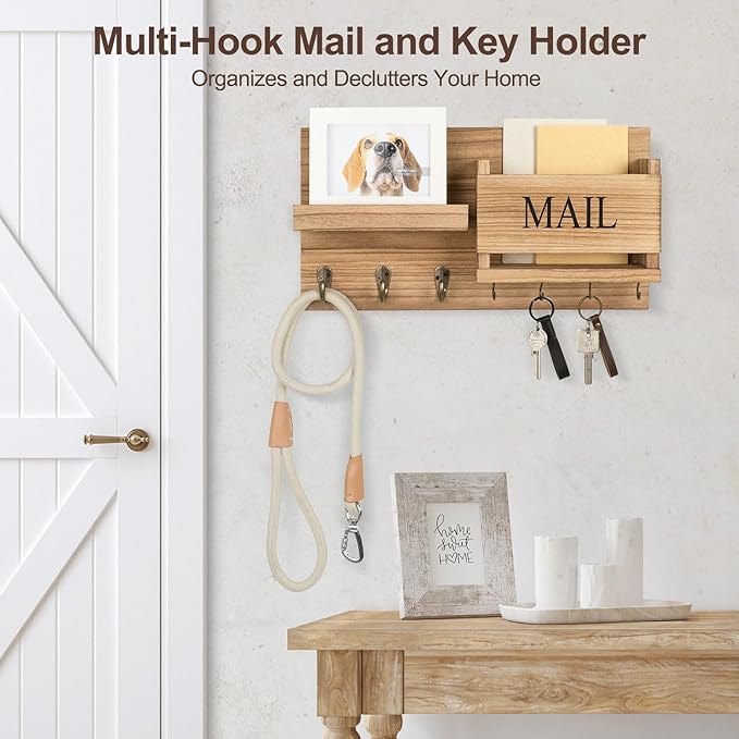 Lwenki Mail Organizer for Wall Mount – Key Holder with Shelf Includes Letter Holder and Hooks for Hallway Farmhouse Decor – Rustic Wood with Flush Mounting Hardware (16.5” x 9.1” x 3.4”) (Wood)