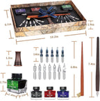 YICMY Calligraphy Pen Set,Calligraphy Set For Beginners Includes Oblique Pen Wooden Calligraphy Pen 12 Pen Nibs & 4 Different Color Inks Dip Pen Set Fountain Pen Set Retro Gift
