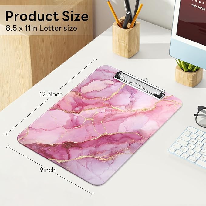 Luminzo Plastic Cute Clipboard Low-Profile Metal Clip, A4 Letter Size 9 x 12.5 in, 8.5 x 11 Paper Clip Board for Teachers, Nurses, Classroom,Pink Marble