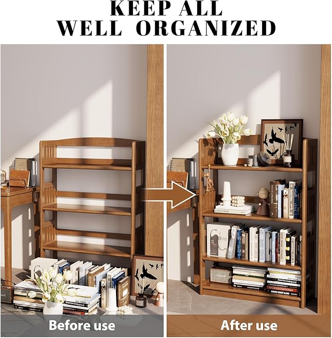 AnywaysWood 4 Tier Solid Wood Open Shelf Bookcase,Modern Wooden Display Bookshelf,Farmhouse Wide Bookshelves, Freestanding Storage Cabinet for Study Room Office Living Room sunroom