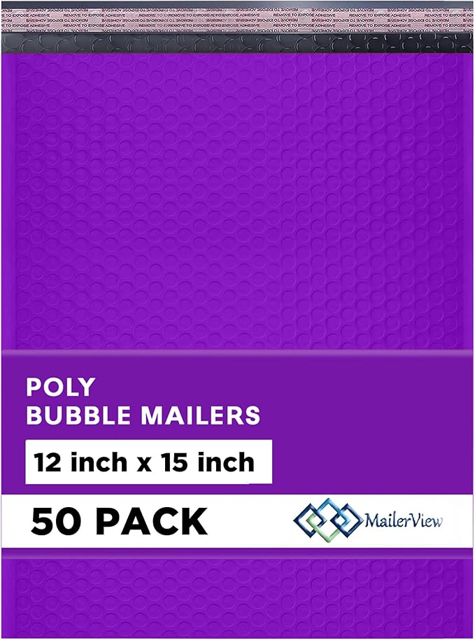 Purple Large Poly Bubble Mailers 12x15 inch | Self Seal Padded Envelopes Cushioned Bubble Mailer | Usable Size 12x15 | WaterProof | Lightweight mailing Shipping Bags | 50 Pack Bulk