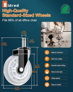 RidRed Gaming Chair Wheels - Heavy-Duty Office Chair Wheels - Replacement Rubber Casters - Universal Fit 3 Inch Chair Casters, Noise Free, Fits 98% Chair, for All Floor (White)