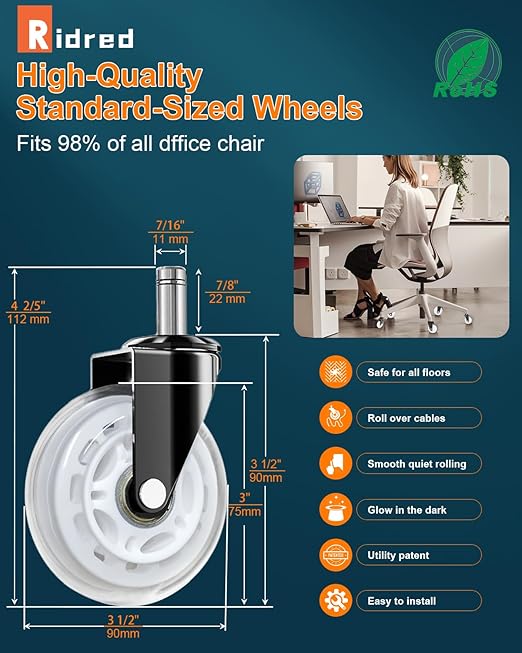 RidRed Gaming Chair Wheels - Heavy-Duty Office Chair Wheels - Replacement Rubber Casters - Universal Fit 3 Inch Chair Casters, Noise Free, Fits 98% Chair, for All Floor (White)