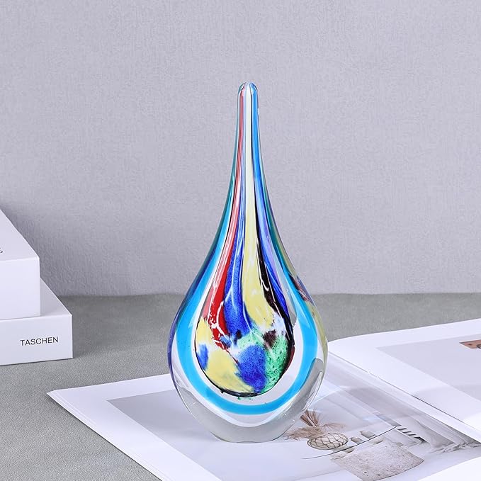 9" Tall Sculpture Hand Blown Glass Decor, Paperweight for Office Desk, Modern Glass Art Figurines Mediterranean Beach House Decor, Living Room Coffee Shelves Table Top Decoration (Multicolor)