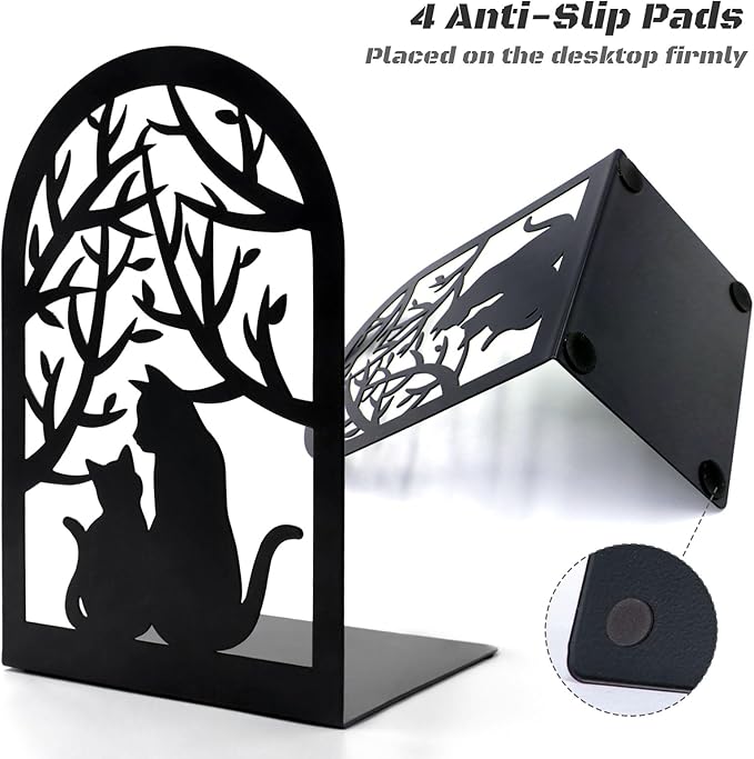 Book Ends, Bookends, Metal Bookend, Cat Decorative Bookends, Bookends for Shelves, Home Decorative Bookends for Heavy Books, Black Non-Skid Book Stopper, 7 x 4.7 x 4 inch (2 Pair)