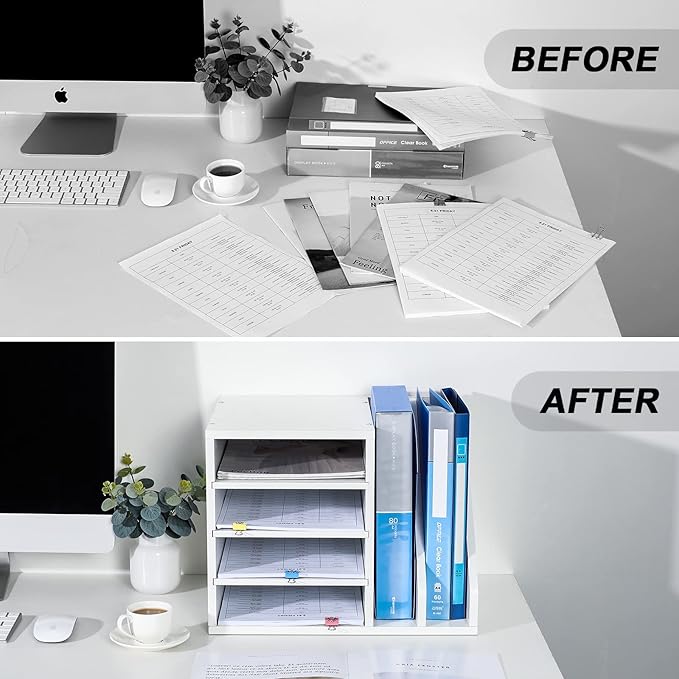 PAG Wood Desktop File Holder Organizer Mail Sorter, White, 15.35" W x 12.16" D x 11.81" H