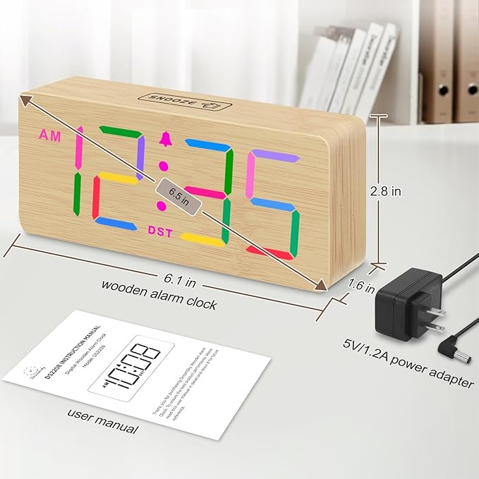 DreamSky Wooden Digital Alarm Clock for Bedroom - RGB Desk Clocks for Living Room with Large Numbers, Dimmer, Loud Alarm for Heavy Sleepers with Volume Control, Office Wood Decor (Plug in Clock)