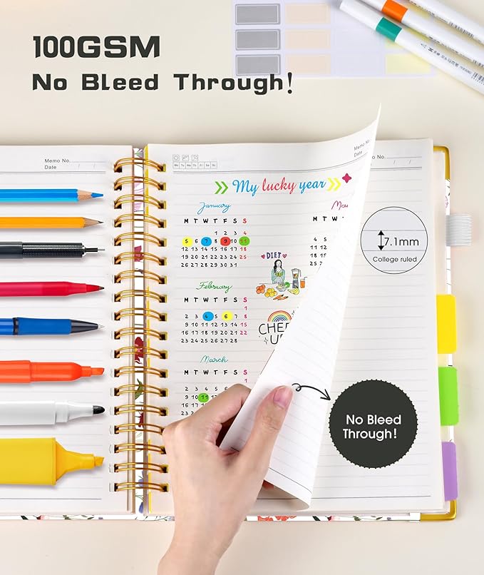 Hardcover Spiral Notebook journal with Removable Dividers Tabs, 300 Pages Leather 5 Subject Notebook College Ruled, 100GMS Notebooks for Work School Note taking,Lined Journal for Women,A5-Flower white