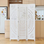 66.9Inch Folding Room Divider, 3 Panels Wood Carved Privacy Screens, Free Assembled Freestanding Partition for Home Office Restaurant Bedroom (White-Washed)