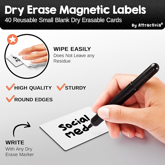 Attractivia Dry Erase Magnetic Labels 2.8 x 1.8 in, Small Dry Erase Magnets, 40-Pack, White Erasable Write-On All-Purpose Labels, for Office, Education, Home, Whiteboard