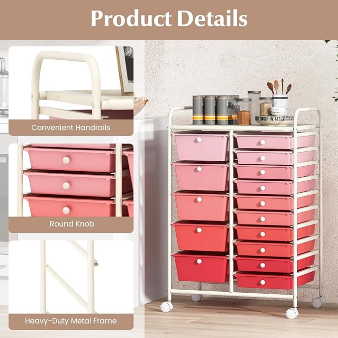 COSTWAY 15 Drawers Storage Cart, Multipurpose Rolling Utility Cart on Wheels w/Lockable Wheels & Removable Drawers, Mobile Tools Scrapbook Paper Organizer Cart for Office School Home, Mixed Pink