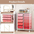 COSTWAY 15 Drawers Storage Cart, Multipurpose Rolling Utility Cart on Wheels w/Lockable Wheels & Removable Drawers, Mobile Tools Scrapbook Paper Organizer Cart for Office School Home, Mixed Pink