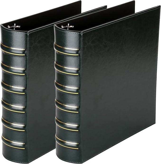 LETVPVOW Vintage Hardback 3 Ring Binder 2 Inch, Professional Leather Binders 2 Inch D Ring, Holds 400 Sheets Capacity 2 Pack - Dark Green