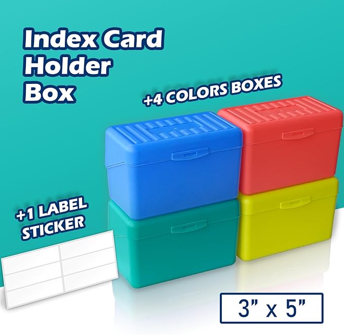 Olivo Index Card Holder Box 3x5 Flash Note Card Holder Storage File Box Organizer Case for 3"x5" Cards, 4 Colors Pack