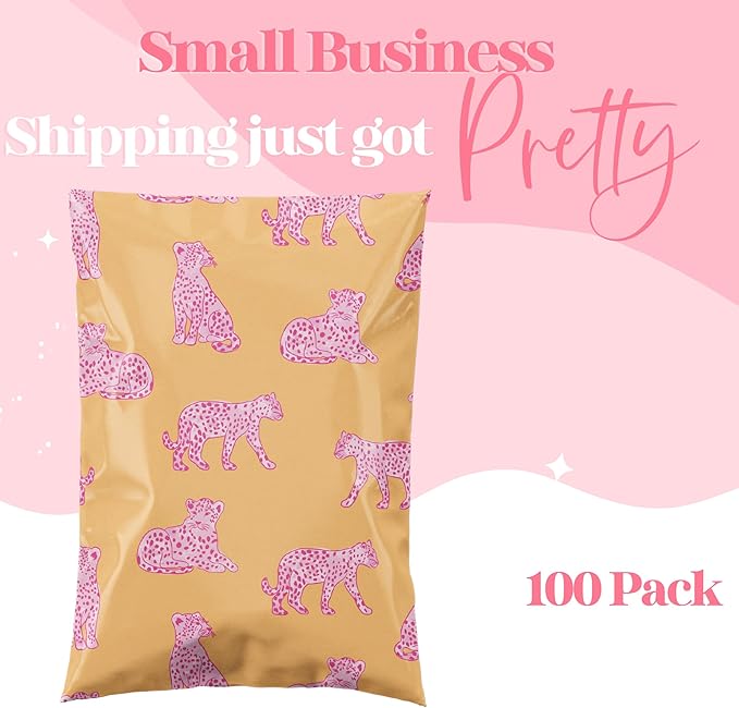 Pretty Package Store 6x9 Designer Poly Mailer 100 Pack Heavy Duty Waterproof Self Seal Shipping Bags for Small Business Large Mailing Envelopes Bulk Tear Resistant Packaging Pink Orange Leopard