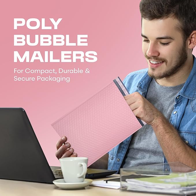 Light Pink Extra Large Poly Bubble Mailers 14.25x20 inch #7 | Self Seal Large Padded Envelopes | Air Cushioned Bubble Mailer | Usable Size 14.25x19 Lightweight Mailing Shipping Bags| 50 Pack Bulk