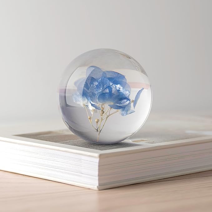 NouvoCrescent Real Blue Hydrangea Paperweight - Home Decor Crystal Resin Ball 3.14in (80mm) - Clear Blue Hydrangea Flower Globe for Special Days - Sphere Figurine Office Paperweight w/Flat Bottom