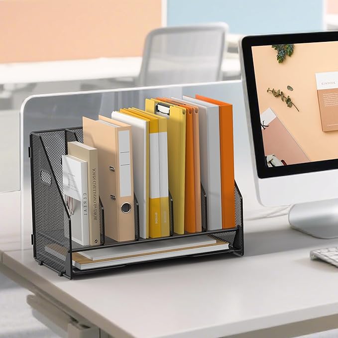 OrgMate Desk File Folder Holder Organizer-5 Vertical Compartments Racks and Paper Letter Tray,Mesh Magazine File Holder Sorter,Desktop Accessories & Workspace Organizers for Home,Office,School-Black