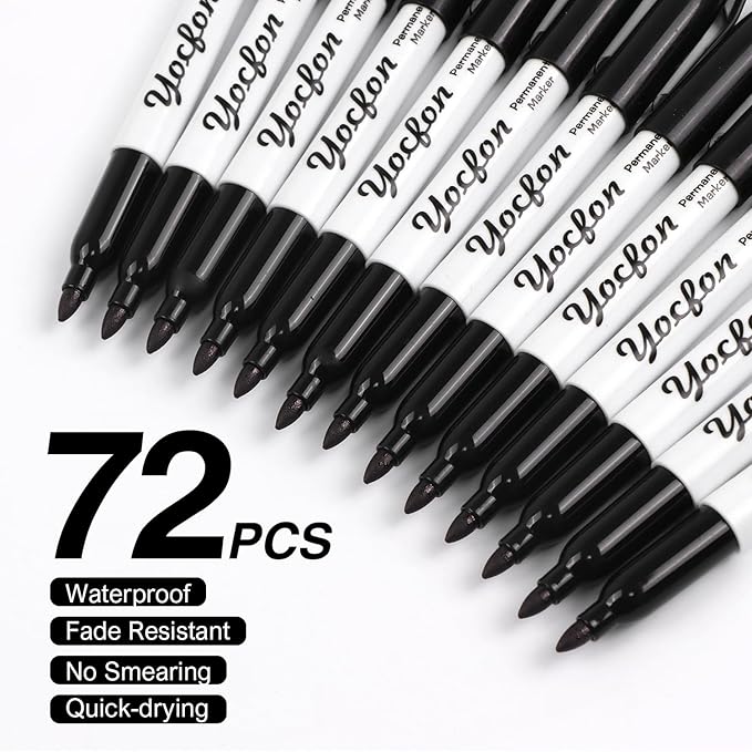 Yocfon Permanent Markers, 72 Count Black Permanent Markers Set, Fine Tip, Waterproof Markers, Works On Plastic, Wood, Stone And Metal For Doodling, Marking