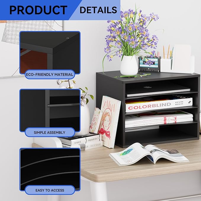 GDINDINFAN Wood Desktop Letter Tray File Organizer, Paper Storage Mail Sorter with 3 Adjustable Drawer Boards for Home and Office, Black