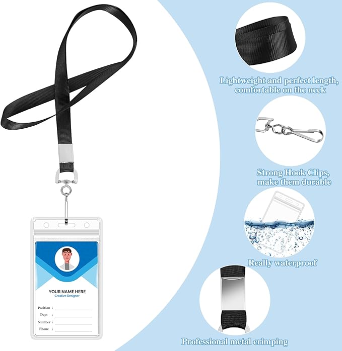 24 Pack Lanyards for ID Badges Name Tag Lanyard for Ship Cards with Waterproof ID Badge Holder for School Office Team Workers (Black)