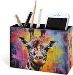 Famame Graffiti Vintage Giraffe Pencil Holder for Desk, Leather Desktop Container Pen Cup Storage Study Table Pen Organizer Makeup Brush Holder for Classroom Office Home