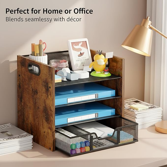 Boershun Wood Desk Organizer - 4-Tier Desktop File Organizer with Drawer, Wooden Paper Tray, Office Desk Organizer for Papers, Mail, Notebooks, Stationery