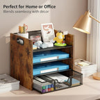 Boershun Wood Desk Organizer - 4-Tier Desktop File Organizer with Drawer, Wooden Paper Tray, Office Desk Organizer for Papers, Mail, Notebooks, Stationery