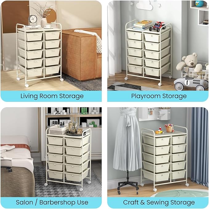 LDAILY 10 Drawer Rolling Cart, Storage Cart Organizer on Wheels, Drawer Cart with Metal Frame & Large Storage Capacity, Rolling Cart with Drawers for Living Room Classroom, Office