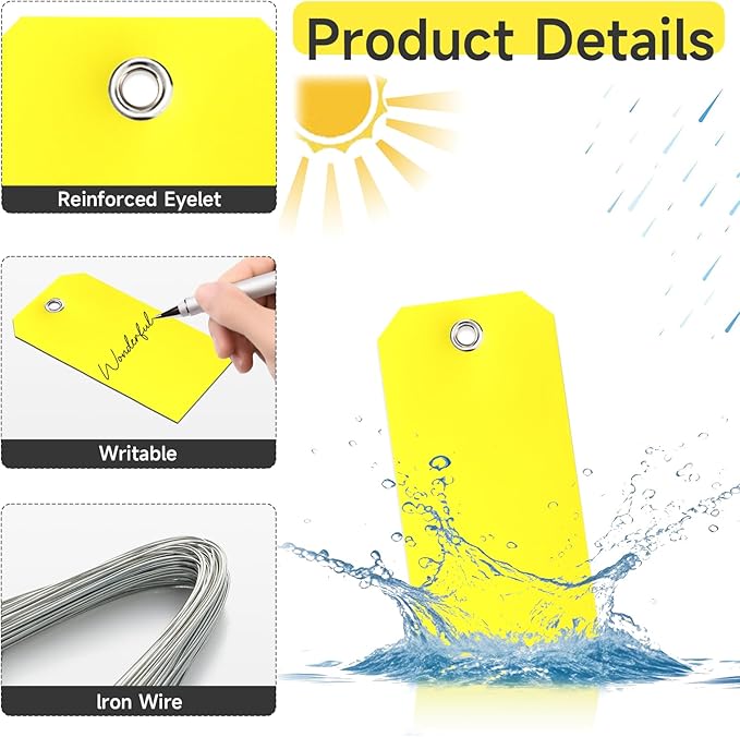 500 Pieces Plastic Shipping Tags With Wire - Waterproof Heavy Duty Labeling Tags With String Wires for Equipment Car Parts (Yellow, 2x4)
