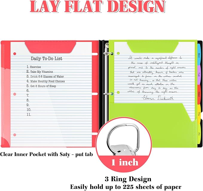 INFUN 1 Inch Telescoping 3 Ring Binder - 1PCS,Flexible Round Binder with Customizable Front Cover and Clear Catalog Pocket, 1 Inch Rings, 225 Sheet Capacity-Red