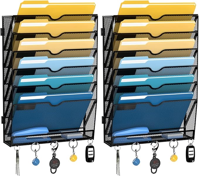 SUPEASY 7-Tier Wall File Holder Organizer with Hooks, Mesh Hanging File Organizer, Mail Organizer Wall Mounted for Papers, Folders, Office Magazine Rack, Black, 2Pack