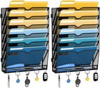 SUPEASY 7-Tier Wall File Holder Organizer with Hooks, Mesh Hanging File Organizer, Mail Organizer Wall Mounted for Papers, Folders, Office Magazine Rack, Black, 2Pack