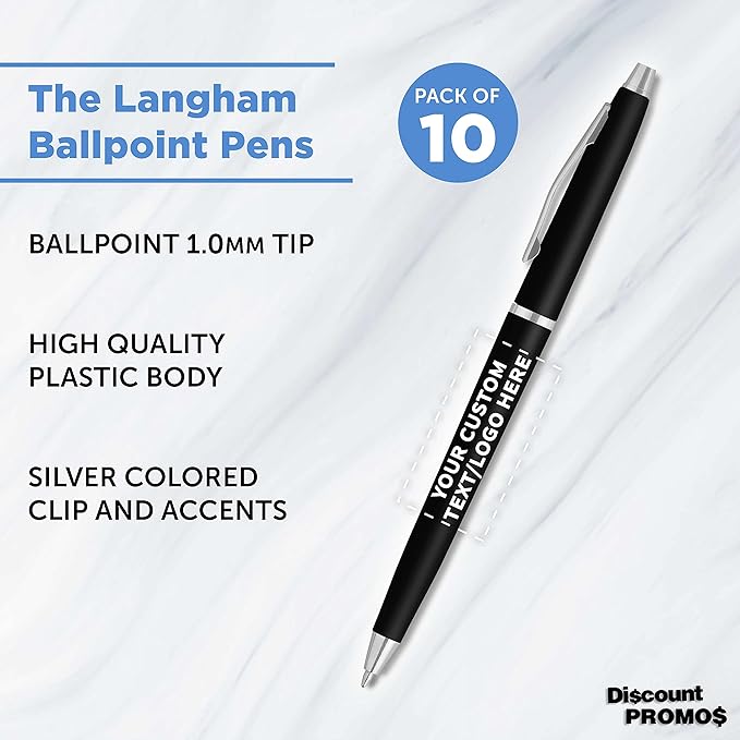 DISCOUNT PROMOS Custom Langham Ballpoint Pens Set of 10, Personalized Bulk Pack - Black Ink, Great for Office, School, Business, Tradeshows - Black