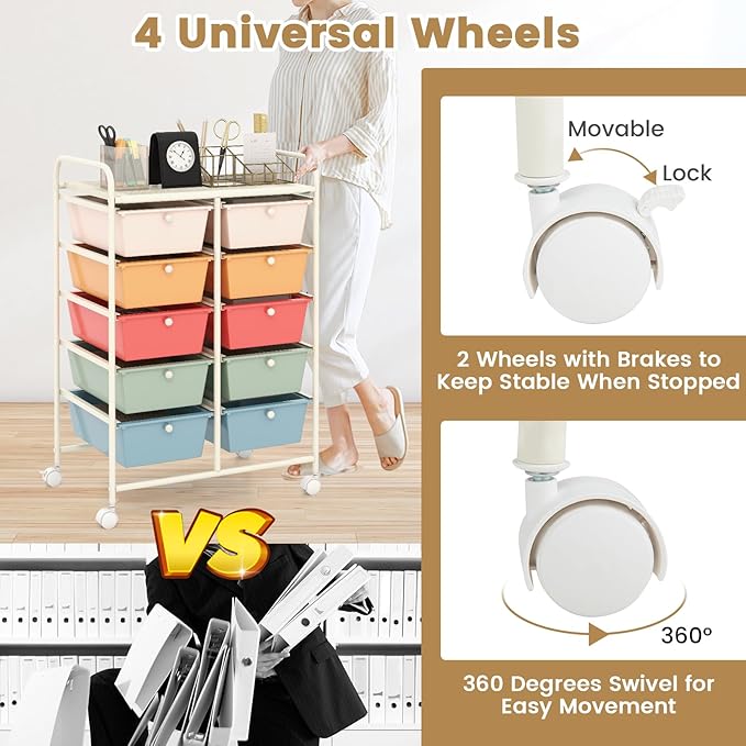 HAPPYGRILL 10-Drawer Rolling Storage Cart, Storage Organizer Cart with Lockable Wheels, Beauty Salon Movable Utility Cart for School, Office, Home, (Macaroon Colorful)